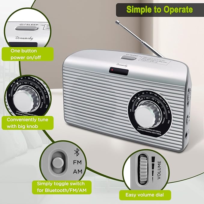 DreamSky Bluetooth Speaker Radio Sleep Timer, Hi-Fi Clear Extra Loud Sound, Portable AM FM Radio with Strong Reception, Plug in Wall or Battery Operated for Home/Outdoor, Seniors Small Gift