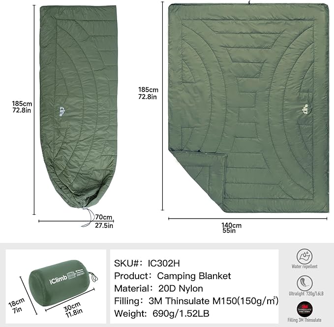 iClimb 3M Thinsulate Insulation Warm Camping Blanket Ultralight Compact