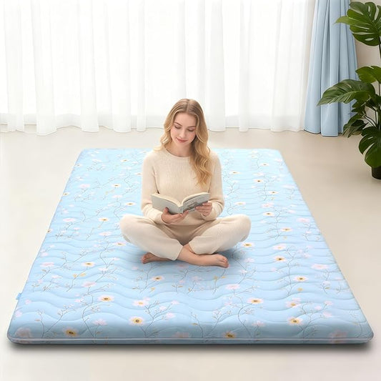 SCHNAUZER HOME Japanese Floor Mattress, 3.5" Thicken Floral Pattern Portable Futon Mattress, 100% High-Density Foam Tatami Mat Sleeping Pad for Camping Guest Room Dormitory RV, Light Blue, Twin