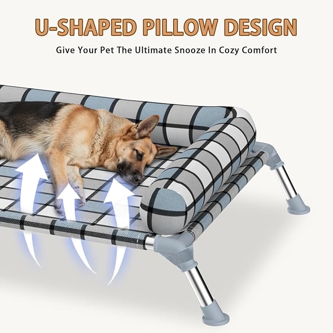 Elevated Pillow Bolster Dog Bed - Raised Dog Beds with Bolster Portable Lifted Washable Pet Cot Bed with Stainless Steel Frame Dogs Hammock Bed for Indoor & Outdoor (Bolster L)