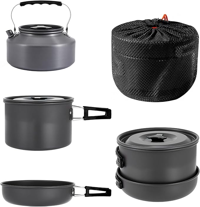 aiGear Camping Cooking Set Cookware Mess Kit with Storage Bag Pot Pan and Teapot Set Camping Accessories for Outdoor Camping Hiking Picnic Portable and Lightweight Aluminum Color Green,Black,Orange