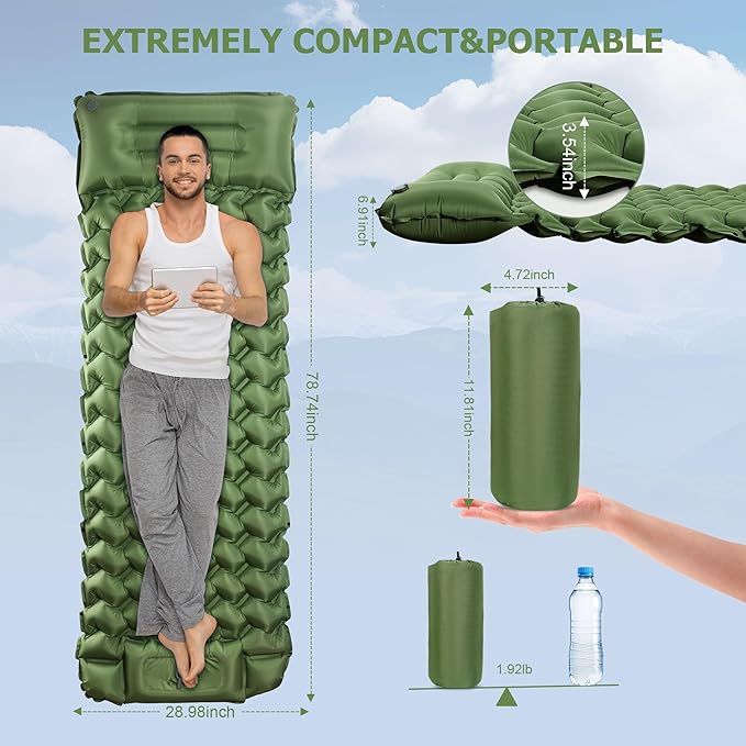 Toncoke Sleeping Pad, Extra Thick & Ultralight Inflatable Sleeping Pad with Pillow, 30s Foot Pump, 3.54” Camping Mat for Comfort, Durable for Camping, Hiking, Backpacking