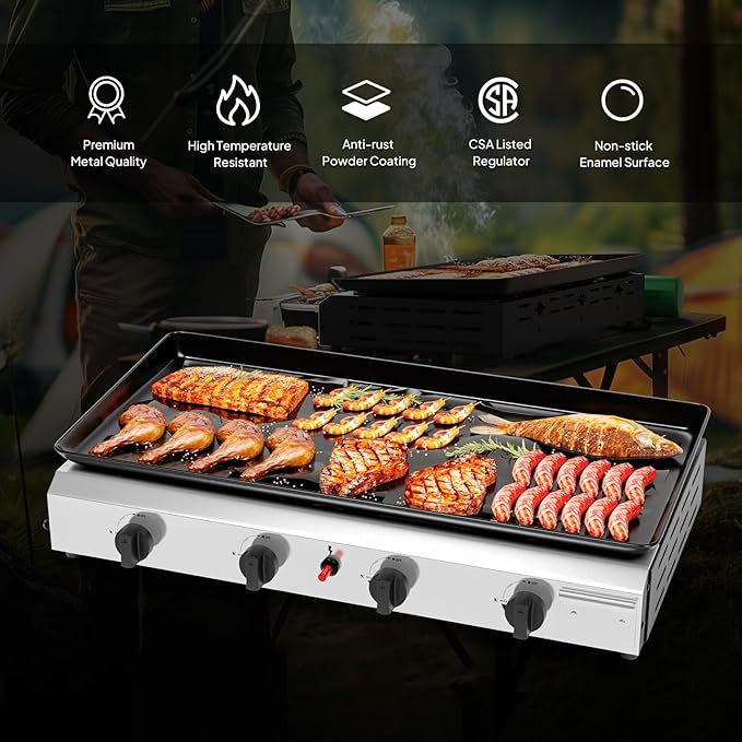 ROVSUN 4 Burner Portable Propane Griddle with Nonstick Enameled Tray, 40,000 BTU Tabletop Flat Top Gas Grill with Electronic Ignition & Regulator for Outdoor Cooking Camping BBQ Tailgating