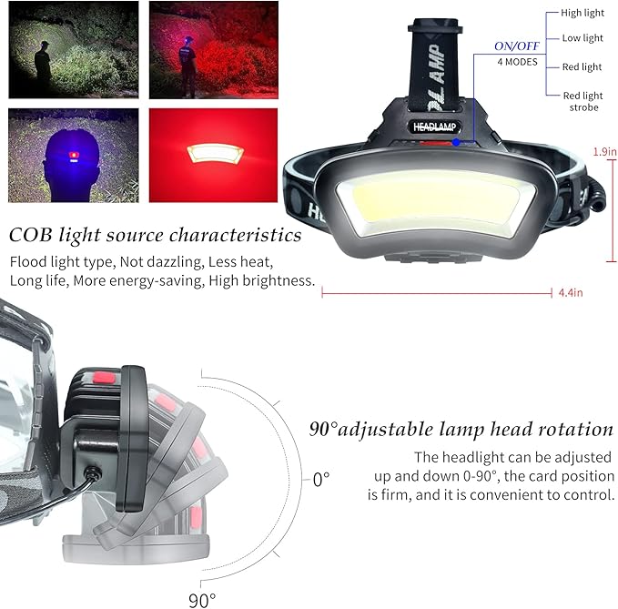 DARKBEAM COB Floodlight Headlamp USB Rechargeable with Red Light, 2000 Lumen LED Headlight - Car Maintenance and Night Construction 6-10 Hours Long Battery Life