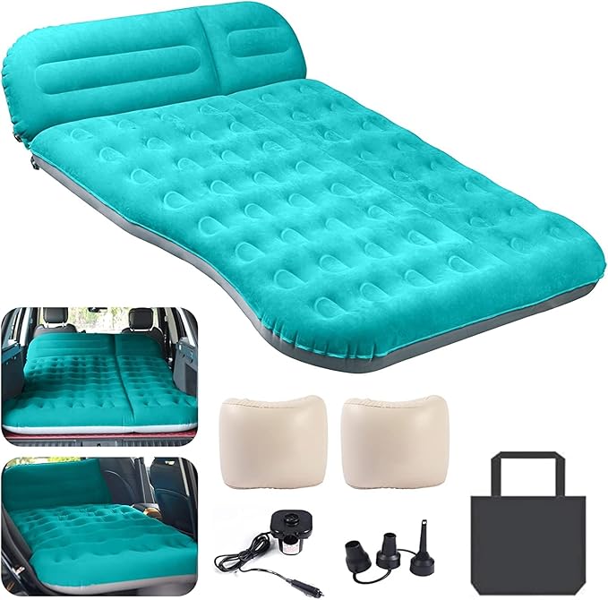 SUV Air Mattress,Thickened Flocked Camping Bed for Car,Includes Electric Pump & 2 Foot Pedals,Portable Inflatable car Mattress (Blue)