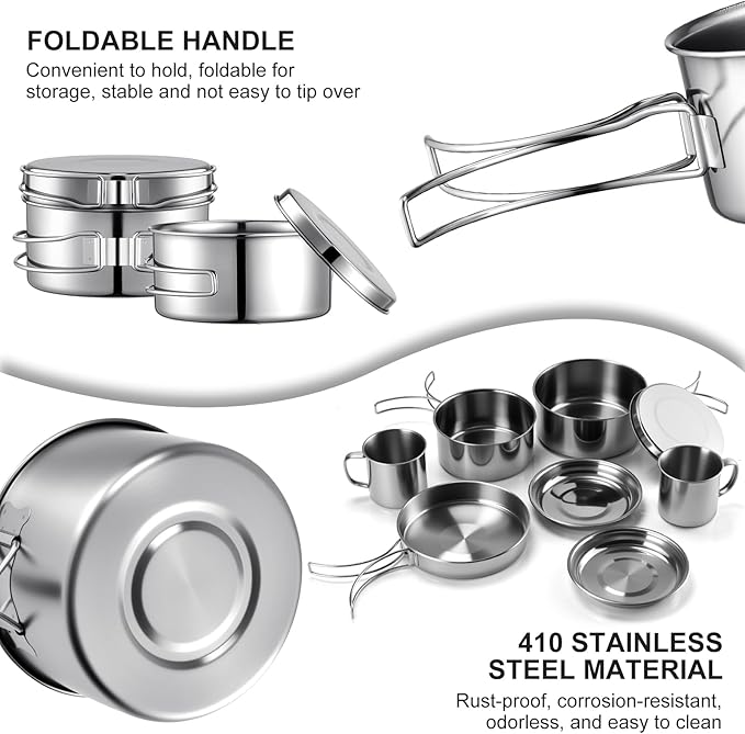 Stainless Steel Camping Cookware Mess Kit - Portable Backpacking Cooking Set with Pot/Plates/Cups & Storage Bag, Outdoor Cookware for Hiking, Picnic, Camping & Backpacking Adventures（8PCS）
