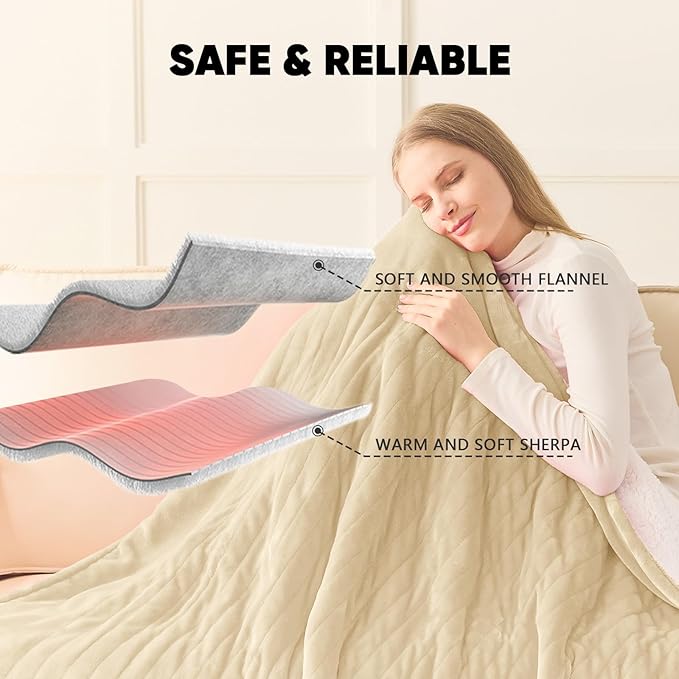 greenoak Heated Blanket Electric Throw 50"X60", Heating Blanket with 10 Heat Levels 8 Hours Auto-Off,Fleece Soft Blanket, Birthday Gifts for Grandma Seniors, Beige
