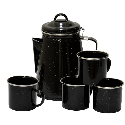 Stansport Enamel 8-Cup Percolator Coffee Pot and 4-Mug Set - Heavy-Duty Campfire Coffee Maker with 12oz Mugs - Percolator Stem Included - Double Baked Enamelware for Camping, Hiking, RV & Cabin