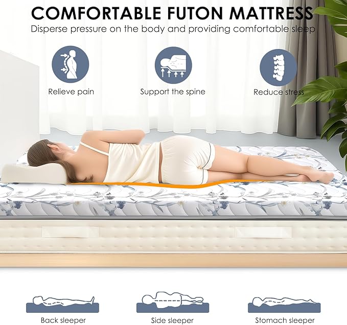 SCHNAUZER HOME Japanese Floor Mattress, 3.5" Thicken Ink Wash Floral Pattern Portable Futon Mattress, 100% High-Density Foam Tatami Mat Sleeping Pad for Camping Guest Room Dormitory RV, White, Twin