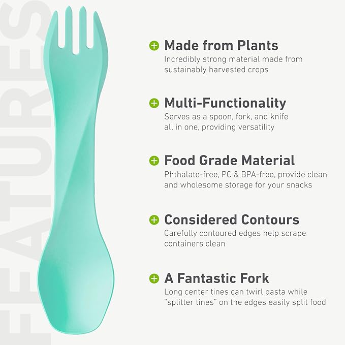 humangear GoBites Bio Uno Spork - Durable Plant-Based Travel Utensil, Mint/Forest Green/Light Green, Bio Uno 3-Pack