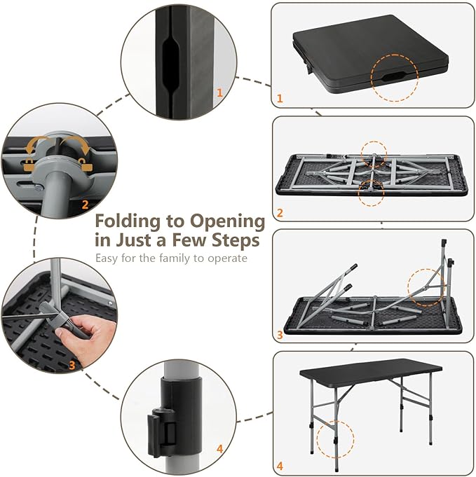 OS MOTOR 6ft Folding Table with Carry Handle, Portable Heavy Duty Plastic Utility Table with Steel Legs for Party, Wedding, Camping, Indoor, Outdoor Event, 72 Inch, Black