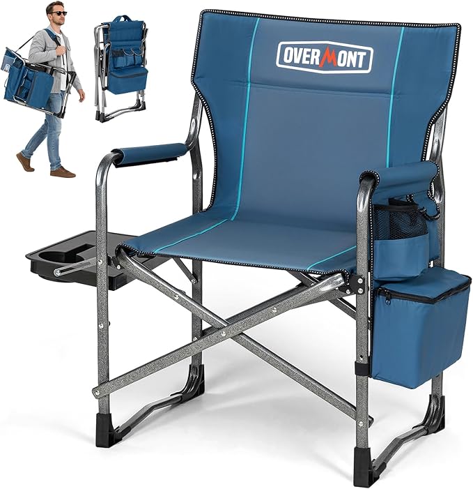 Overmont Oversized Lightweight Camping Chair - Portable Comfortable Heavy Duty Foldable Directors Chairs with Side Table & Cooler Bag for Outside Camp Beach Picnic Lawn and Fishing Supports 400lbs
