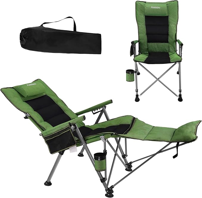 Folding Camping Chair for adults-3-in-1 Heavy Duty Foldable Camp Chair with Detachable Footstool, Padded Pillow, Cup Holder & Carry Bag,5-Speed Adjustable,400 LBS Capacity