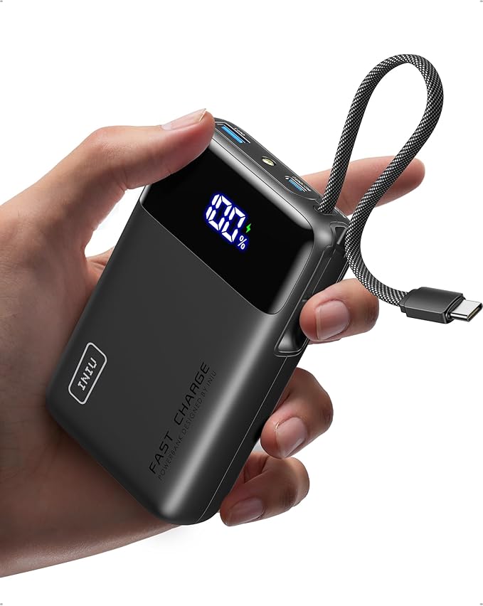 INIU 20000mAh Power Bank, Small Portable Charger, 45W PD Fast Charging Battery Pack with Build in USB-C Cable, Travel Phone Charger for iPhone 17 16 15 14 13 Air Samsung S25 S24 Google iPad Xiaomi etc