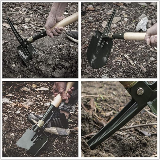 MASTIFF GEARS Folding Survival Shovel - Wooden Handle, Heavy Duty Carbon Steel Military Entrenching Tool for Camping, Off Road, Beach & All-Terrain Digging (Classic w/Pick)
