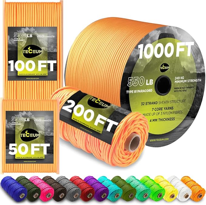 TECEUM Reflective Paracord Rope 1000 – 1000ft/200ft/100ft/50ft – 40+ Colors – Glow in The Dark – para Cord – Utility Rope for Survival, Hunting & Camping Gear – Nylon String, Camping Rope, Tent Cord