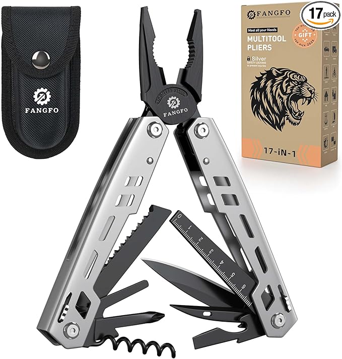 Multitool 17-in-1 Stainless Steel Multi Tool with Pocket Knife Needle Nose Pliers Bottle Opener Screwdriver Self-Locking Professional Multi-Tool for Outdoor Survival Gifts for Men((Silver)