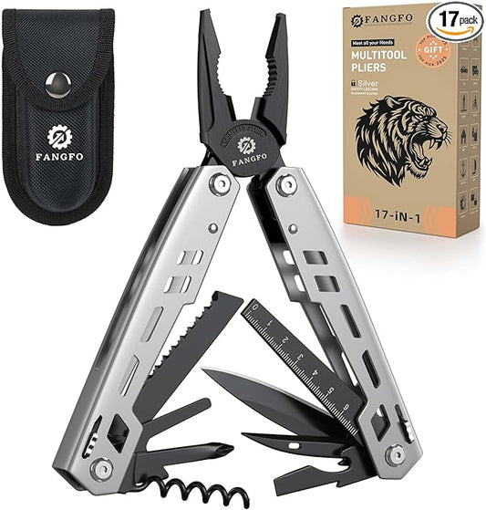 Multitool 17-in-1 Stainless Steel Multi Tool with Pocket Knife Needle Nose Pliers Bottle Opener Screwdriver Self-Locking Professional Multi-Tool for Outdoor Survival Gifts for Men((Silver)