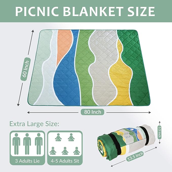 Exclusivo Mezcla Waterproof Picnic Blankets 60x80 Inch, 3 Layer Extra Large, Sandproof and Foldable Outdoor Blanket for Beach Camping, Park and Travel