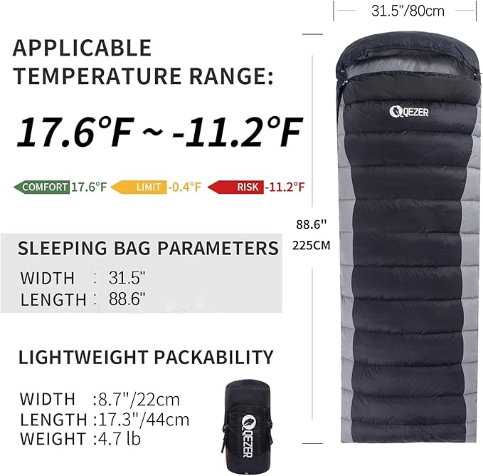 Down Sleeping Bag for Adults 600 Fill Power, Cold Weather Compact Ultralight All Seasons Sleeping Bag for Backpacking, Camping, Hiking