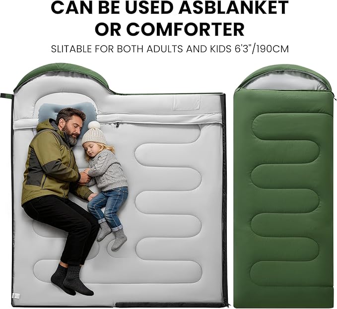 Sleeping Bags for Adults & Kids Lightweight Waterproof 3-4 Season Warm with Inflatable Pillow–Compact Portable Sleeping Bag for Cold Weather Camping, Hiking, Travel, Indoor/Outdoor Use