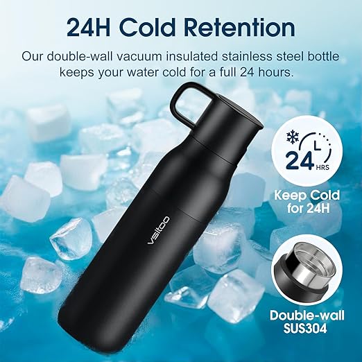 VSITOO 25oz Insulated Stainless Steel Filtered Water Bottle for Travel and Everyday Use，5-Stage 0.01μm Ultra-strong Filtration，Reusable，Improves Taste，for Hiking, Cycling, Gym & Outdoor Use，Black