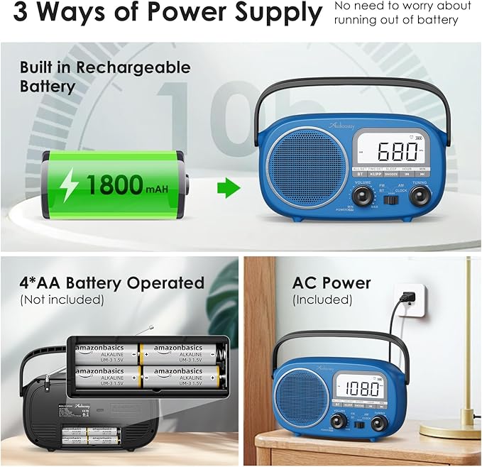 Portable AM FM Rechargeable Radio with Best Reception, Digital Time/Station Display,AC Power or Battery Power Radio with Bluetooth Speaker for Home/Kitchen/Outdoor (Cobalt Blue)