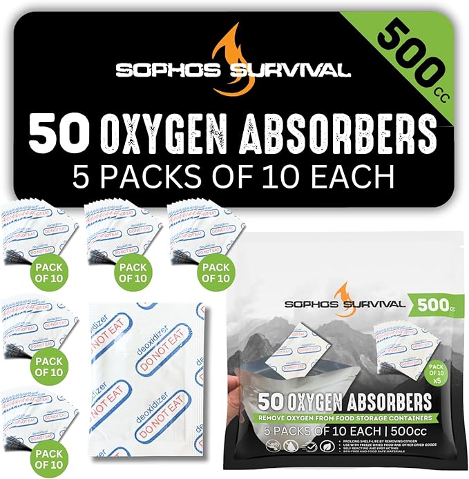 50 Packs 500cc Oxygen Absorbers (10 Pack in Individual Vacuum Bag) FDA Food Safe Oxygen Absorbers For Long Term Food Storage, Works in Mylar Bags for Freeze Drying, Canning, and Dehydrating