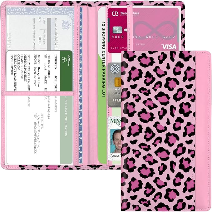 Car Registration and Insurance Holder, with Magnetic Closure for License, Cards and Documents, All Vehicle Needs and Car Accessories (Leopard-Pink)