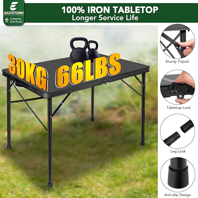 E EASTSTORM 35 inch Folding Table for 4 Person, Heavy-Duty Metal Tabletop, 2 Adjustable Height Camping Table, Portable Outdoor Table with Carrying Handle,for Patio, Picnic, Parties, BBQs, Black