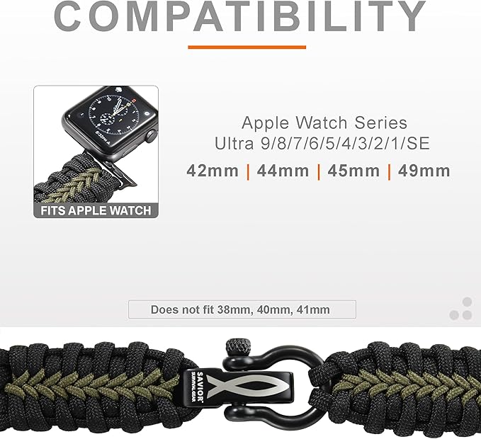 Savior Survival Gear Paracord Watch Band - Compatible with Apple Watch Band 49mm 46mm 45mm 44mm 42mm, iWatch Band Series Ultra 10 9 8 7 6 5 4 3 2 1 SE, Adjustable strap for men ( Black & Green, Large)