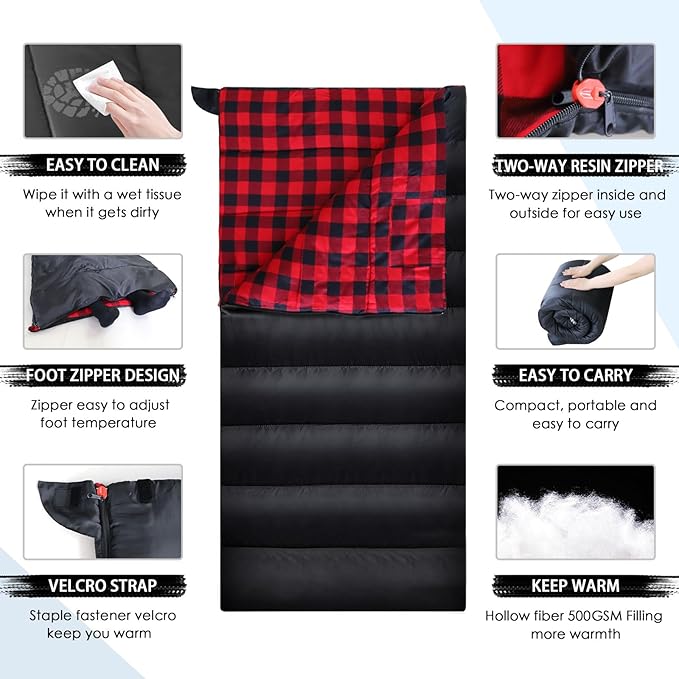 Keencamp 0 Degree Sleeping Bag Cotton Flannel Winter Cold Weather for Adults XXL Sleeping Bag 4 Season Big and Tall with Pillow Compression Sack