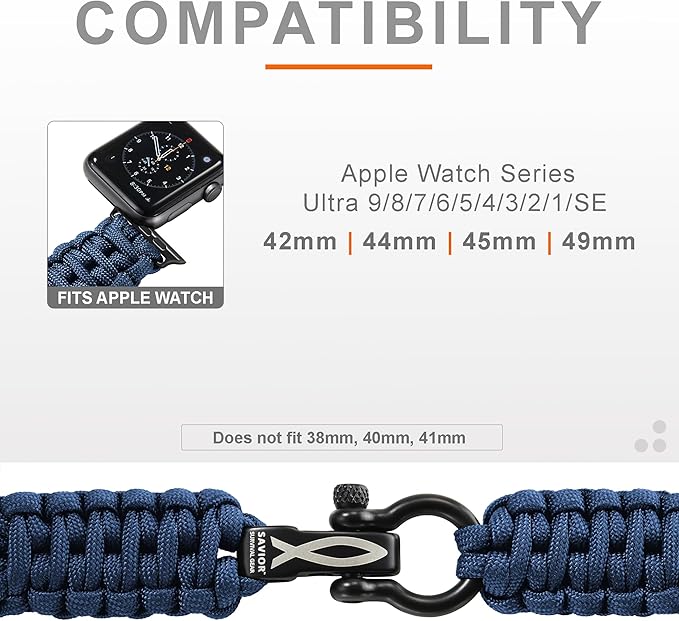 Savior Survival Gear Paracord Watch Band - Compatible with Apple Watch Band 49mm 46mm 45mm 44mm 42mm - iWatch Band Series Ultra 10 9 8 7 6 5 4 3 2 1 SE – Adjustable strap for men (Dark Blue, Large)