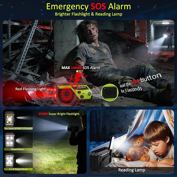 Weather Radio 22000mWh AM FM NOAA Emergency Radio with 4 Charging Cables, Flashlight, Reading Light, SOS Alarm, Phone Charging Hand Crank Radio for Home Outdoor Emergencies.