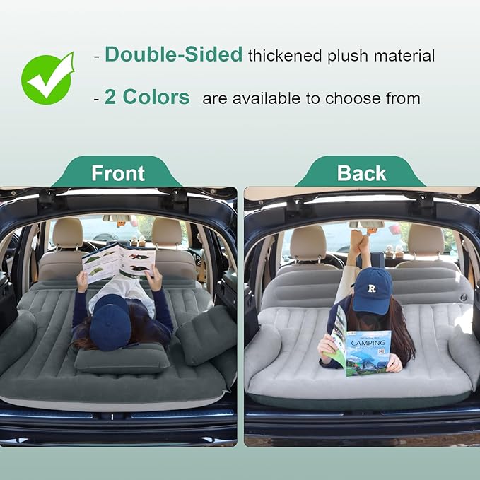 Ciremiv SUV Air Mattress, Double-Sided Thick Flocked Car Air Mattress with Built-in Pump & Pillow, Complete Sleeping Accessories for Auto Camping & Road Trips（Green+Charcoal）