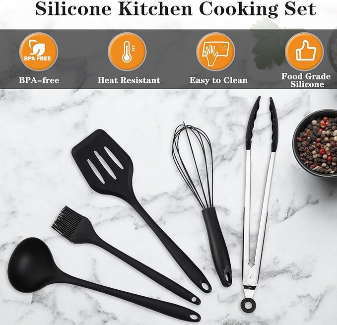 Camping Essentials Cookware Cooking Utensils Set - Portable Camp Kitchen Mess Kit Outdoor Accessories, Stainless Steel & Silicone, Camping Gear Equipment for RV Picnic Grill, Black Pro