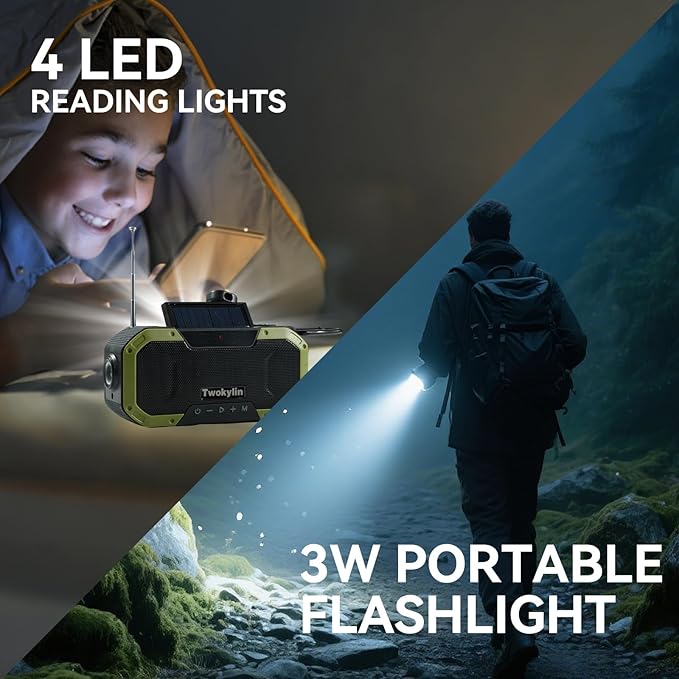 Emergency Radio Waterproof Bluetooth Speaker,Hand-Crank NOAA Weather Radio with Solar Panel,5000mAH Cell Phone Charger,Flashlight,SOS,Outdoor Camping Gear Camping