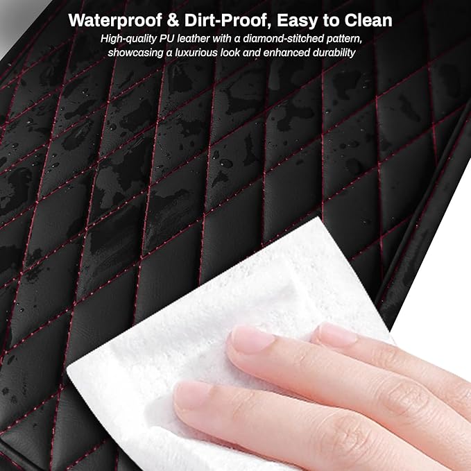 Ouzorp Car Center Console Cover, Upgraded Microfiber Leather Car Arm Rest Cover with 2 Storage Bags, Universal Armrest Cover for Car Storage Box Protector for Most Vehicle-Black with red line