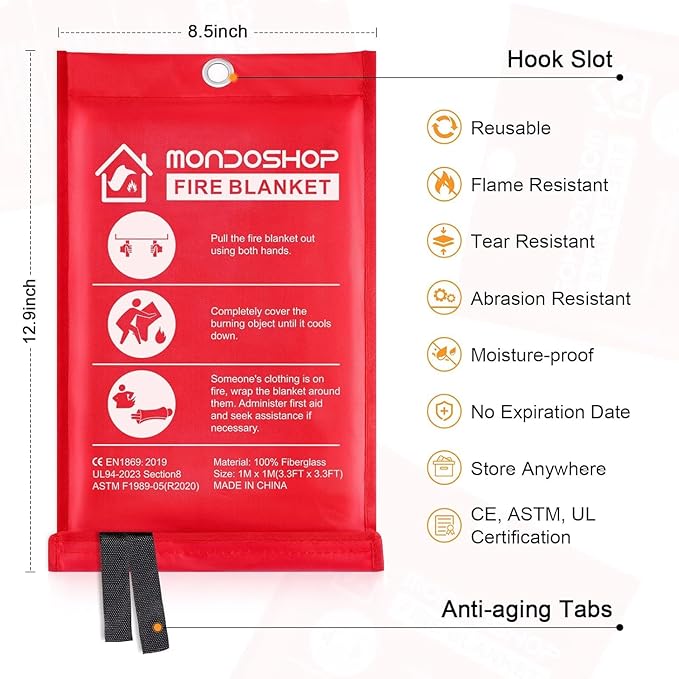 Mondoshop Fire Blanket for Home and Kitchen - Emergency Fire Suppression Blankets Fireproof Blanket Fire Retardant Blankets for Car, Fireplace, Camping, Picnic, Grill