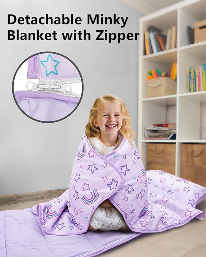 Primlect Toddler Nap Mat with Detachable Blanket and Removable Pillow, Kids Sleeping Bag 55''x35'' for Daycare Preschool Kindergarten, Toddler Sleeping Mat for Boys and Girls