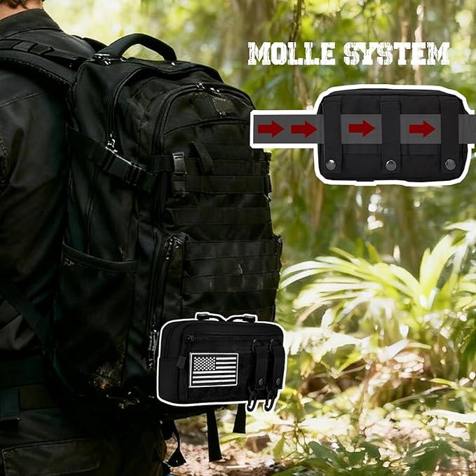Tactical Molle Admin Pouch with 2 Keychains & US Flag Patch - Laser Cut EDC Modular Pouch for Outdoor, Survival, Daily Carry