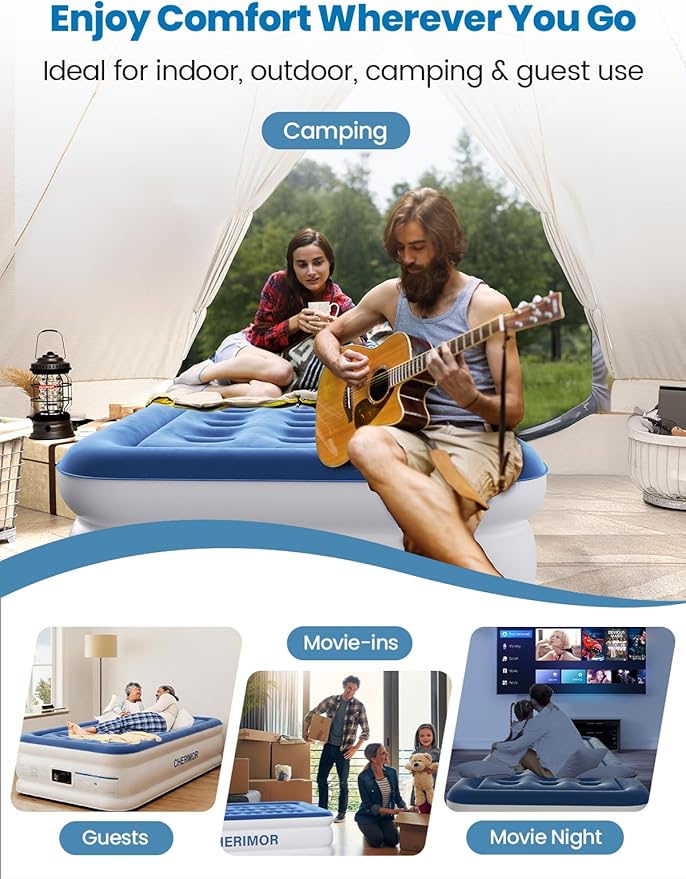 CHERIMOR Twin XL Air Mattress with Built-in Pump, 18" Raised Comfort, 80“ Length, 48Hr Leak-Proof Test, Upgraded Honeycomb Pillar Design, Supports 500 lbs, 2-Min Inflation for Home Guests-Blue