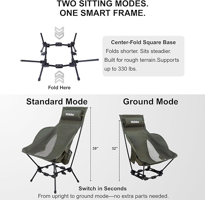 Wildhiker Compact High Back Camping Chair - Foldable with Dual Sitting Modes, Pillow, Arm Pads and Side Pockets - Lightweight Portable Chair for Motorcycle, RV, Festival, Travel - Green