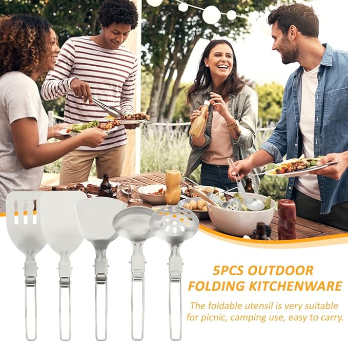 Camping Kitchen Utensil Set, 5Pcs Portable Foldable Stainless Steel Outdoor Cooking Utensil, Practical Folding Soup Ladles Strainer Spatula Kitchen Gear for Outdoor Camping