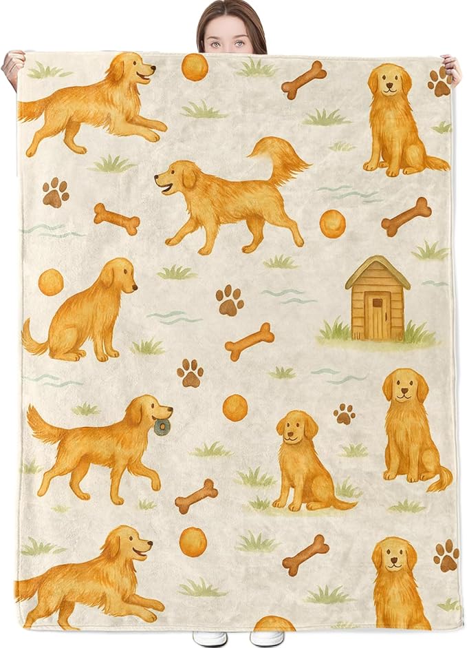 Golden Retriever Blanket Cute Dog with Bone,Ball,Paw Print and Kennel Throw Blankets Lightweight Flannel Throws for Camping Couch Chair Office Bed Home Decor Gifts for Pet Lover,50x40inch