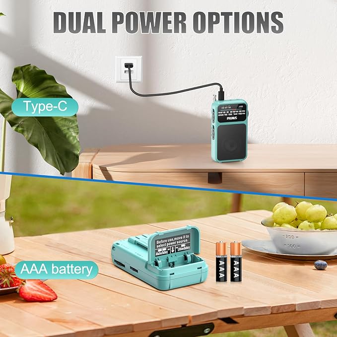 PRUNUS J-555 Pocket Radio AM FM USB-C Charging& Battery Operated, Excellent Reception& Clear Speaker and Headphone Jack, Back Clip, Flashlight, Transistor Radios, Portable Radios AM FM, Mini Radio