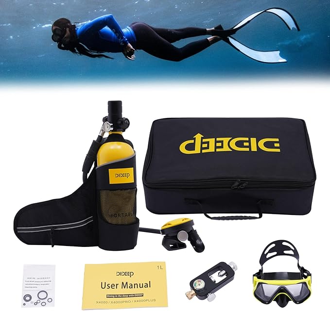 Mini Scuba Tank, 1L Lung Tank for 15-20 Minutes Underwater Breathing Device Portable Lungs Underwater Diving Gear, 200Bar Refillable Oxygen Snorkeling & Scuba Diving Tank