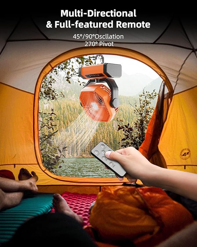 MORIKO Table Fans, 10000mAh Rechargeable Battery Operated Portable Tent Fan with LED Lantern, Remote Control, Hook, 270° Pivot, Stepless Speed-Ideal for Camping, Picnic, Barbecue, Jobsite