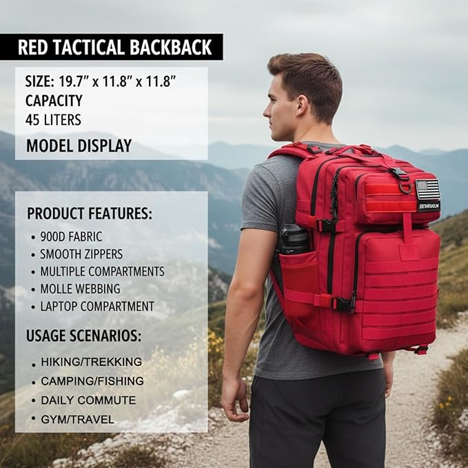 45L Military Tactical Backpack for Men & Women Bug Out Bag Assault pack Molle Daypack Hiking Trekking Rucksack (2.0 side pockets (red))