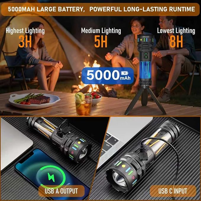 Rechargeable Camping Flashlight Tactical Flashlight, 11 Modes Multi-Function Flashlight 10000 Lumens Portable Camp Light with Stand, Bright LED Flashlight for Outdoor Activity, Black